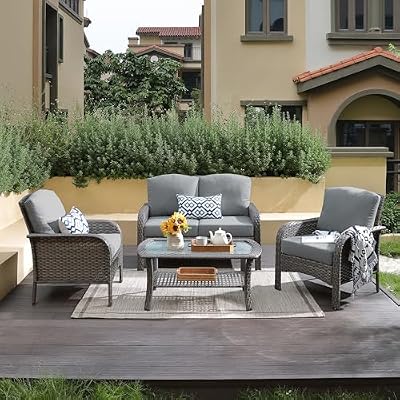 CAODOC 4-Piece Wicker Patio Furniture Set, All-Weather Rattan Conversation Bistro Loveseat Chair and Table Set for Backyard, Balcony and Deck with Soft Cushions and Metal Table(Dark Gray)