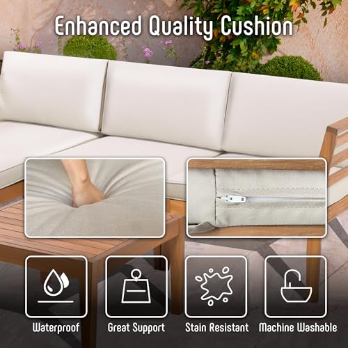 Image of Werph 5-Piece Outdoor Sectional Sofa Set with Acacia Wood Coffee Table | L-Shaped Patio Couch with All-Weather Cushions for Backyard, Deck, Lawn - Beige
