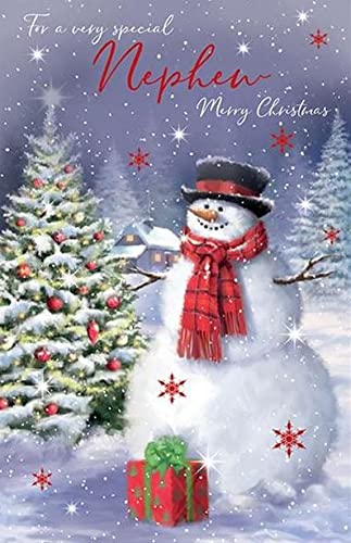 Grass Roots Special Nephew Happy Christmas Card - Attractive Design with Snowman and Present in the Snow - Foil Finish - for Him