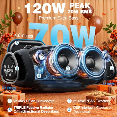 W-KING Bluetooth Lautsprecher Groß, 120W Peak Musikbox Bluetooth Box Lautsprecher Wasserdicht IPX6 Stereo Outdoor Party Boom Box, DREI Passive Radiatorens-Super Bass/DSP/2 Woofer/42H/TF/AUX/EQ/Öffner