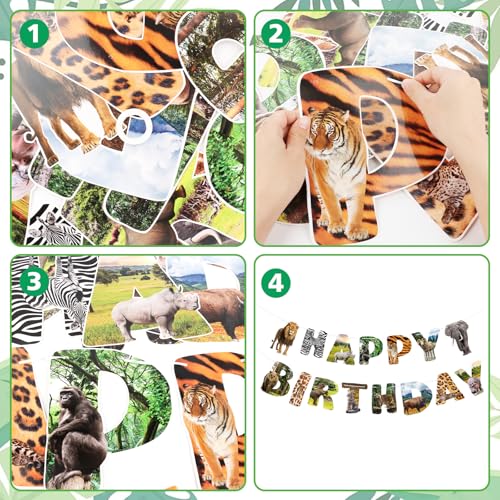 Image of Safari Animals Happy Birthday Banner Wild Jungle Birthday Party Decorations Wild One Animal Themed Bunting Sign for Kids Boy Girl 1st Bday Shower Party