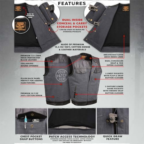 Milwaukee Leather MDM3005 Men's Brute Grey Denim w/Black Perforated Leather Club Style Vest w/Hidden Dual Closure2