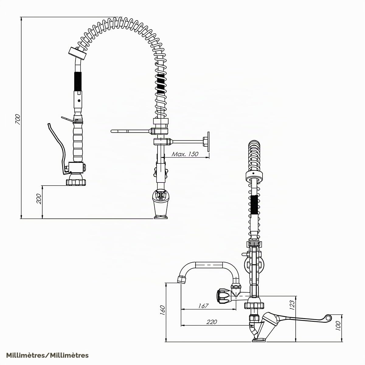 GOLDMAN SERVICE | Robinet de douche extensible pour évier de cuisine, usage domestique et professionnel, avec douchette à ressort flexible noir pulvérisateur de rinçage et robinet mitigeur coude