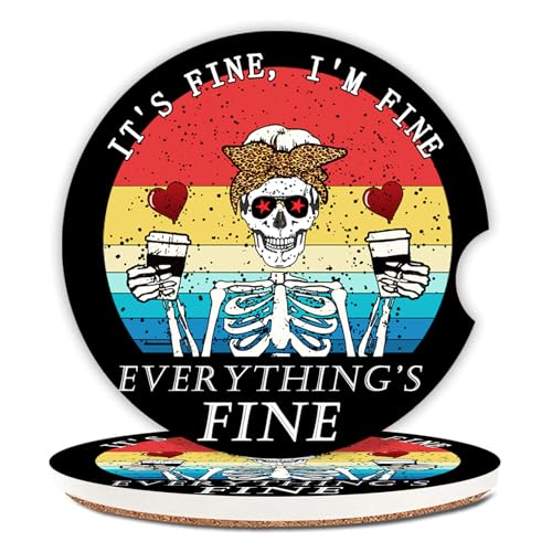 Funny Skull with Coffee Ceramic Cup Holders Car Coasters Set for Women/Men,2.56" 2 Pack for Absorbent Cup Car Holders, Coasters with A Finger Notch