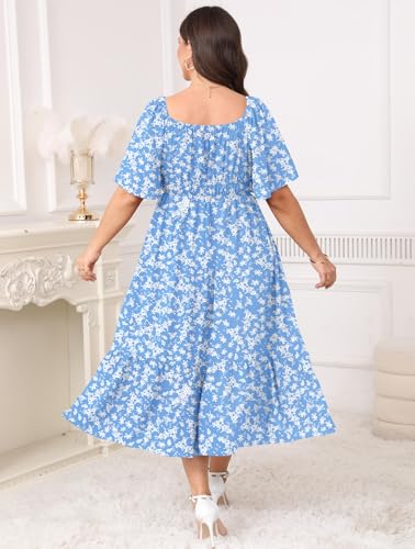 Image of CICIDUDU Plus Size Smocked Maxi Dresses for Curvy Women Square Neck Flowy Casual Summer Wedding Guest Dress