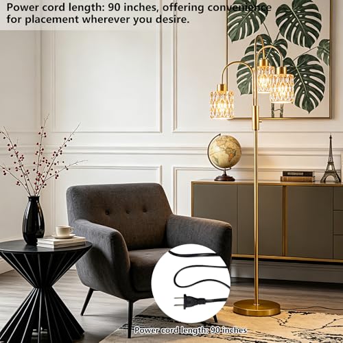 Image of 70 inch Glass Floor Lamp, 3-Light Gold Dimmable Standing Tall Lamp with Amber Ribbed Glass Shades &3PCS 3000K Warm White Bulbs, Modern Tree Pole Lamp for Living Room Bedroom Home Decor