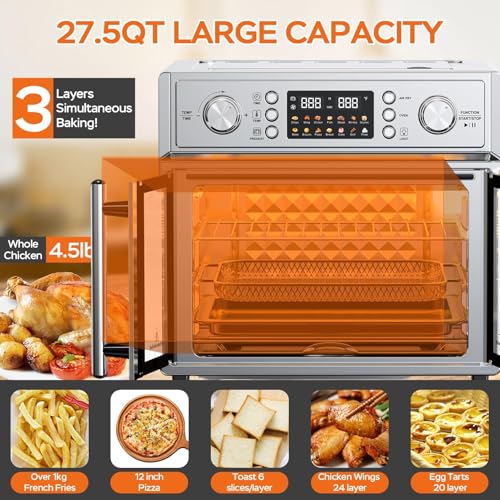 Image of PlumChef 27.5 Quart Extra Large 6 Slices Air Fryer Convection Toaster Oven, French Door, 1700W, Multifunction Oven for Air Fryer, Toast, Grill, Defrost, Bake (Stainless Steel)