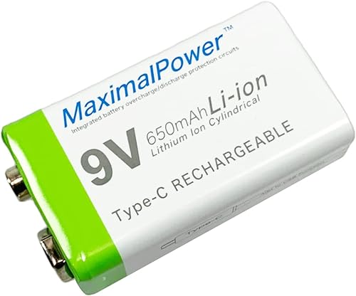 Miniatura 6 de MaximalPower Batería recargable de iones de litio de 9 V de 650 mAh con cable de carga USB tipo C | para detectores de humo, alarma digital, pedales
