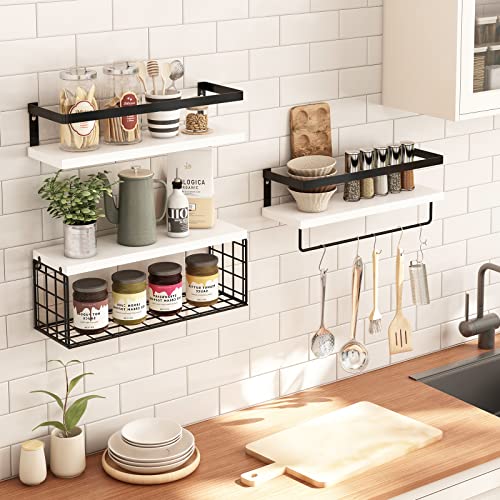 Fixwal 3+1 Tier Wall Mounted Floating Shelves With Metal Frame, Rustic Wood Bathroom Shelves Over Toilet With Wire Storage Basket And Towel Bar For Bathroom, Kitchen, Bedroom (White) #TOP6