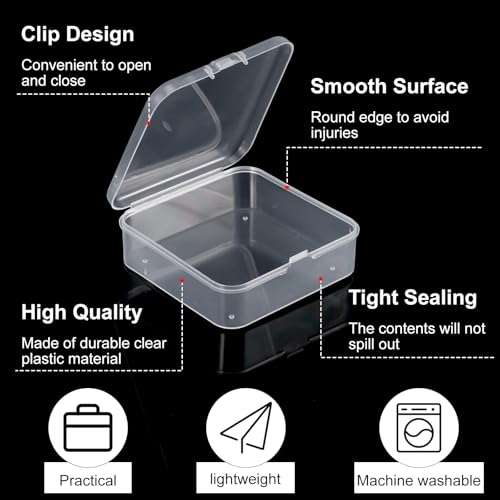Image of 90 Pcs 3 x 3 x 1 Inch Clear Plastic Bead Storage Containers Box Small Plastic Boxes with Hinged Lids Clear Bead Organizer Box Mini Square Arts Crafts Storage Organizers for Beads and Small Craft Items