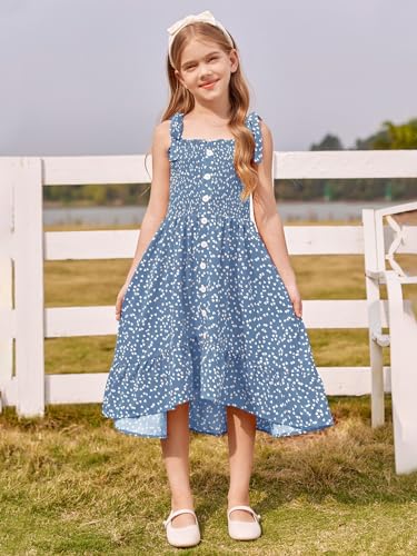 Girls Summer Dress Kids Sleeveless Tie Strap Boho Beach Midi Dress Smocked Ruffle Flowy Sundresses4