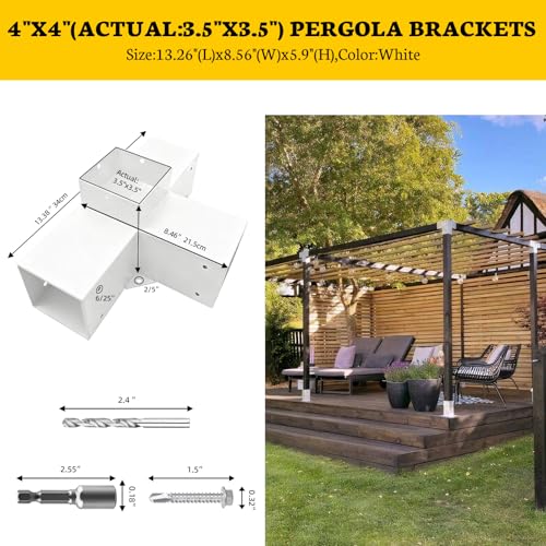 Image of 1 Pack 4-Way Pergola Brackets Kit,DIY Right Corner Woodwork White Brackets for 4 inch x 4 inch (Actual:3.5 inchx3.5 inch) Lumber for Patio Pergolas, Gazebos, Log Cabin W /Hardware