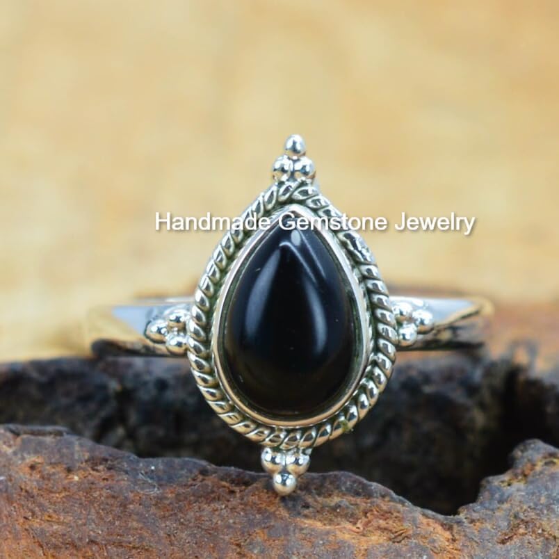 Handmade Natural Black Onyx Teardrop Ring - 925 Sterling Silver Plated Unique Meditation Wedding Band, Bridesmaid Gift Jewelry