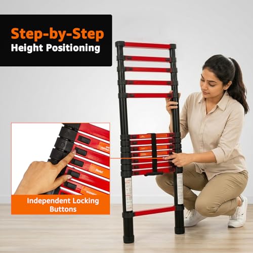 Image of Amazon Basics 3.8 m (12.46 ft) Compact Alloy Steel Telescopic Ladder | 13-Step Extendable Foldable Ladder | Portable Multipurpose Step Ladder