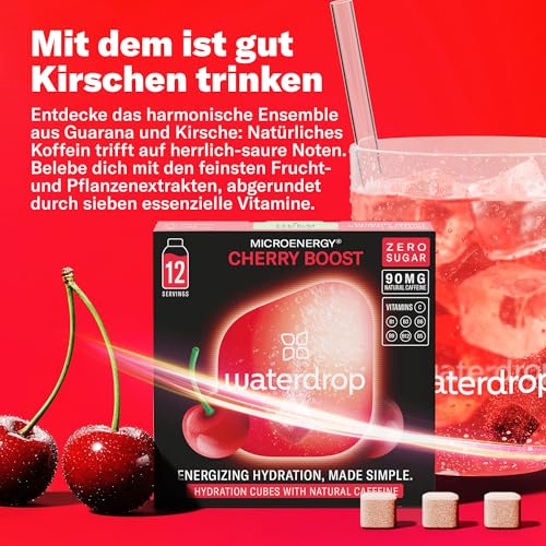 waterdrop® Microenergy CHERRY – 36 Waterdrop Drops Würfel mit natürlichem Koffein 90mg – Alternative zu Energy Drinks – Zuckerfreies Geschmackspulver für Getränke – Flavour Drops im Wasser auflösen 4