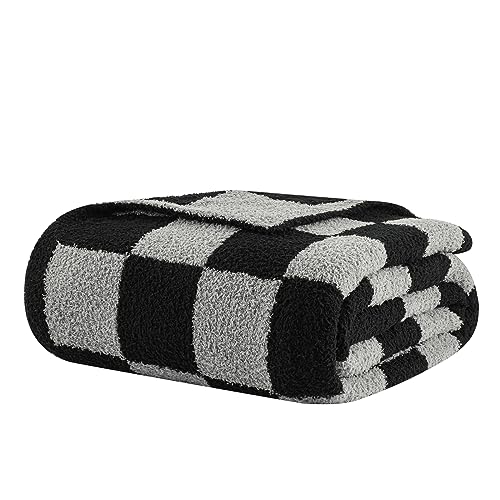 Image of bearberry Fuzzy Checkerboard Grid Throw Blanket Knitted Soft Cozy Warm Microfiber Blanket Decor for Couch Sofa Bed Travel Home (Black/Grey, 40''x50'')