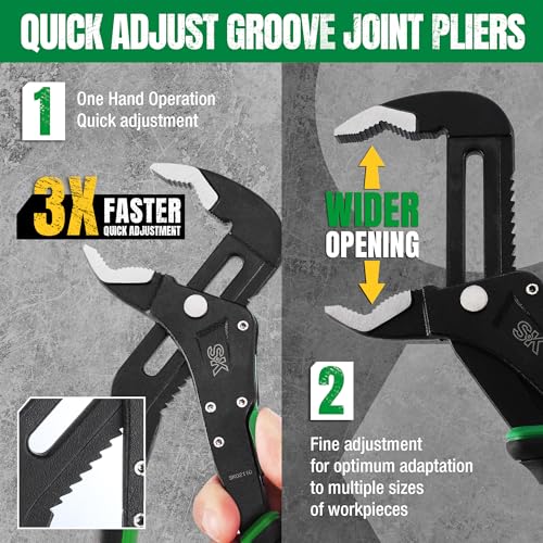 SK 10-Inch Quick Adjust Groove Joint Pliers, Water Pump Pliers, Premium CR-V Construction, SureGrip V-Jaw Design with Comfortable Grips thumbnail 6