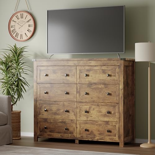 Image of BORNOON Tall 8-Drawer Dresser, Modern Wooden Storage Chest of Drawers, Dresser TV Stand, Wood Drawer Organizer with Metal Handles for Bedroom, Living Room, Hallway