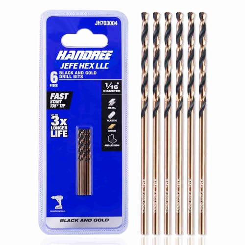 1/16 HSS Black and Gold Coated Twist Drill Bit Jobber Length General Purpose Suitable for drilling on Steel Copper Wood Plastics. Ideal for DIY Projects and Home Maintenance. (6 pcs)