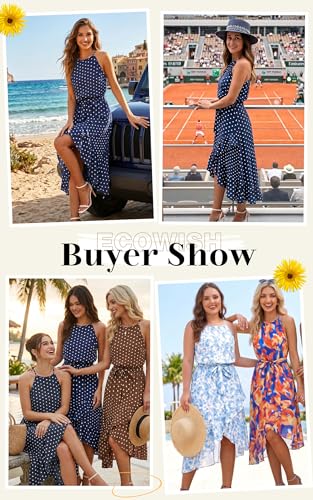 Image of ECOWISH Polka Dot Women Summer Dresses Casual Midi A Line Ruffle High Low Sleeveless Boho Floral Halterneck Cocktail Sundress