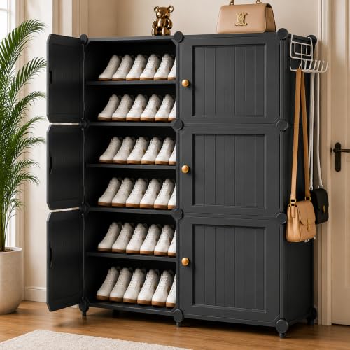 Image of Mevigo Plastic Shoe Rack for Home with Door | 9 Tier Stackable Shoe Organizer | Holds 18-Pairs |Waterproof & Dustproof | DIY Modular Shoe Cabinet |Chappal Slipper Stand (Black-HA2, 12- Layer)