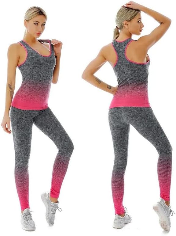 ZiaWorld Women Workout Outfits 2 Piece Set, Gym Set Seamless Ribbed Casual Comfortable Vest Top High Waist Leggings Sets, Sports Activewear Tracksuit Yoga Fitness Ladies Gym Wear
