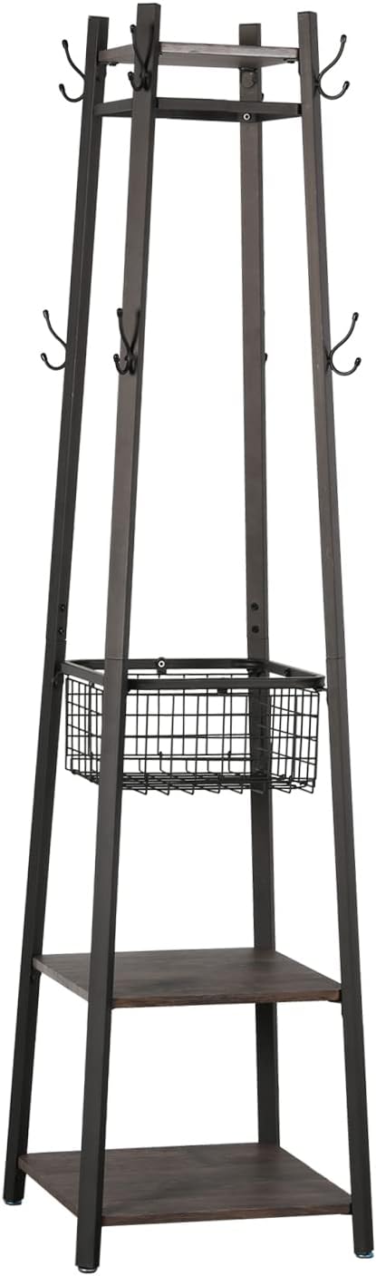 VECELO Coat Rack, Hall Trees Freestanding, Entryway Clothes Stand with Deep Metal Basket and 2 shelves,Hat Hanger with 8 Dual Hooks/Stable Structure for Hats Bags and Scarves,Vintage Brown+black Vintage Brown+ Black With Metal Basket