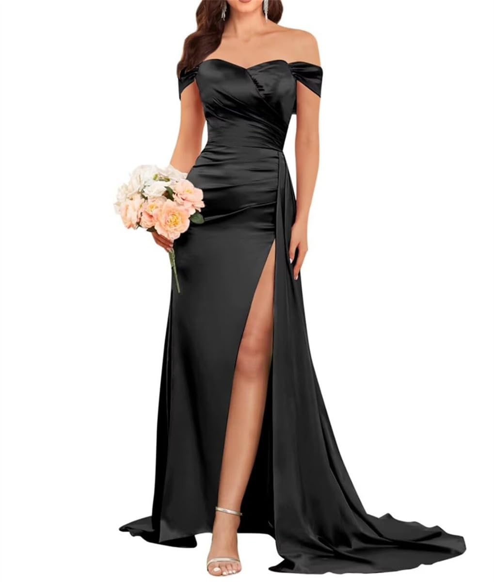 Sayno Women's Black Bridesmaid Dresses With Slit Satin Off Shoulder Long Wedding Guest Evening Gowns Uk18