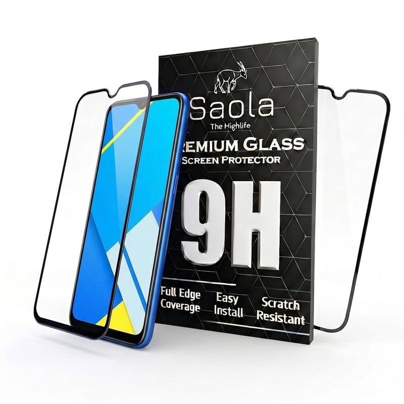 Image of Saola HD+ Oleophobic Tempered Glass Screen Protector For Realme C2 (Pack Of 2) with Free Installation Kit. Full screen Coverage - 6.1 inch