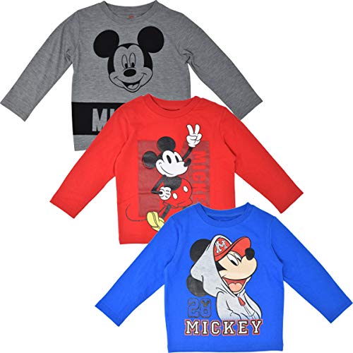 Disney Mickey Mouse Toddler Boys Long-Sleeve 3 Pack T-Shirts Red/Blue/Grey 4T