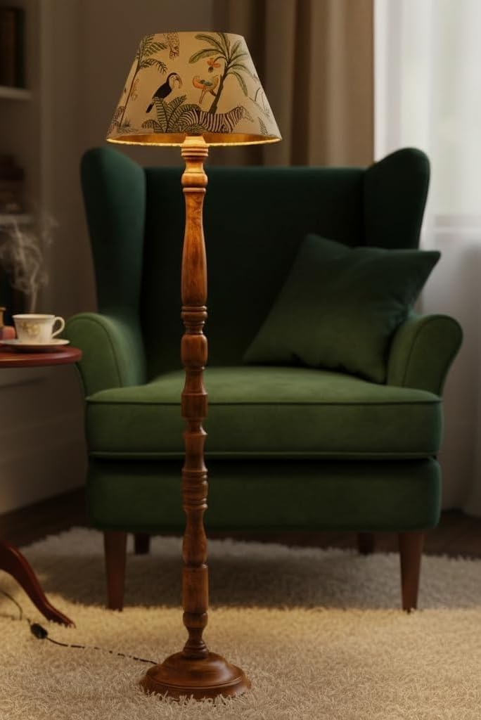 Modern Wooden Floor Lamp with Fabric Shade Tall Standing Light for Living Room & Bedroom