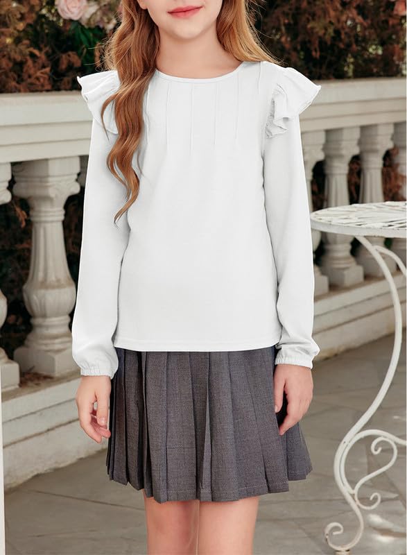 Girls Long Sleeve Shirts Casual Ruffle Trim Crewneck Blouse Tops 6-15 Years2