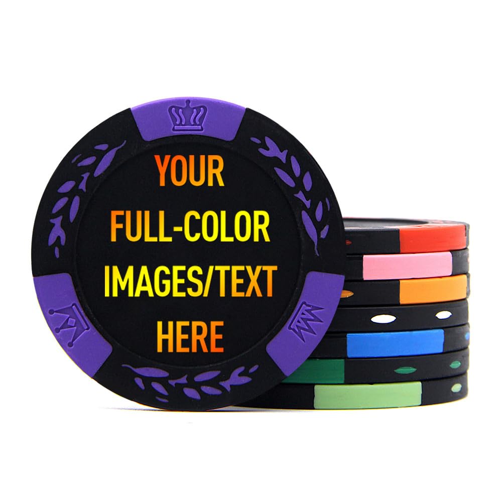 100 Premium Clay Poker Chips, Customized Your Image and Text, 11.5 Grams Casino Chips for Texas Hold’em, Blackjack Gambling (Purple)