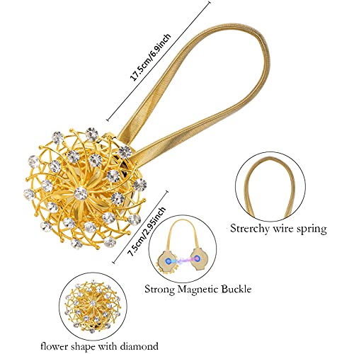 Nekeis, Gold Magnetic Curtain Tiebacks2 Pack Sparkle Crystal Flower Curtain Clips Buckle No Drilling Magnetic Window Drapery Decorative With Stretchable Wire Rope For Home Office Decoration #TOP1