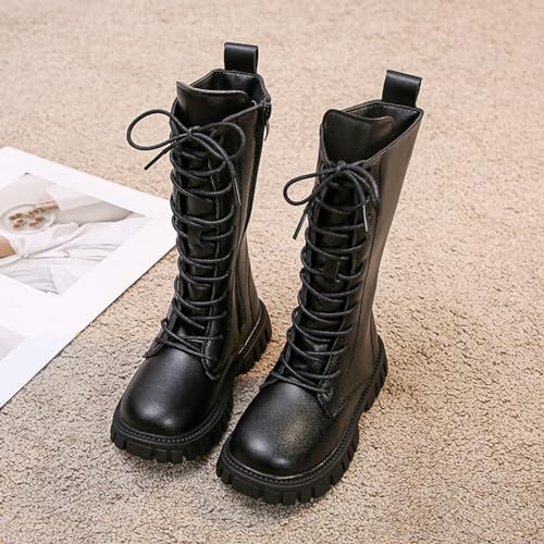 Toddler/Kids Girls Lace Up Riding Boots Mid Calf Combat Boots PU Leather Side Zipper Punk Goth Boot3