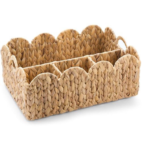Acellegic Scalloped Edge Wicker Basket Divided Storage Hand Woven Rattan Water Hyacinth Basket Tray for Bathroom Bedroom Kitchen Shelves Office Decor Organization(Natural,4 Compartments)