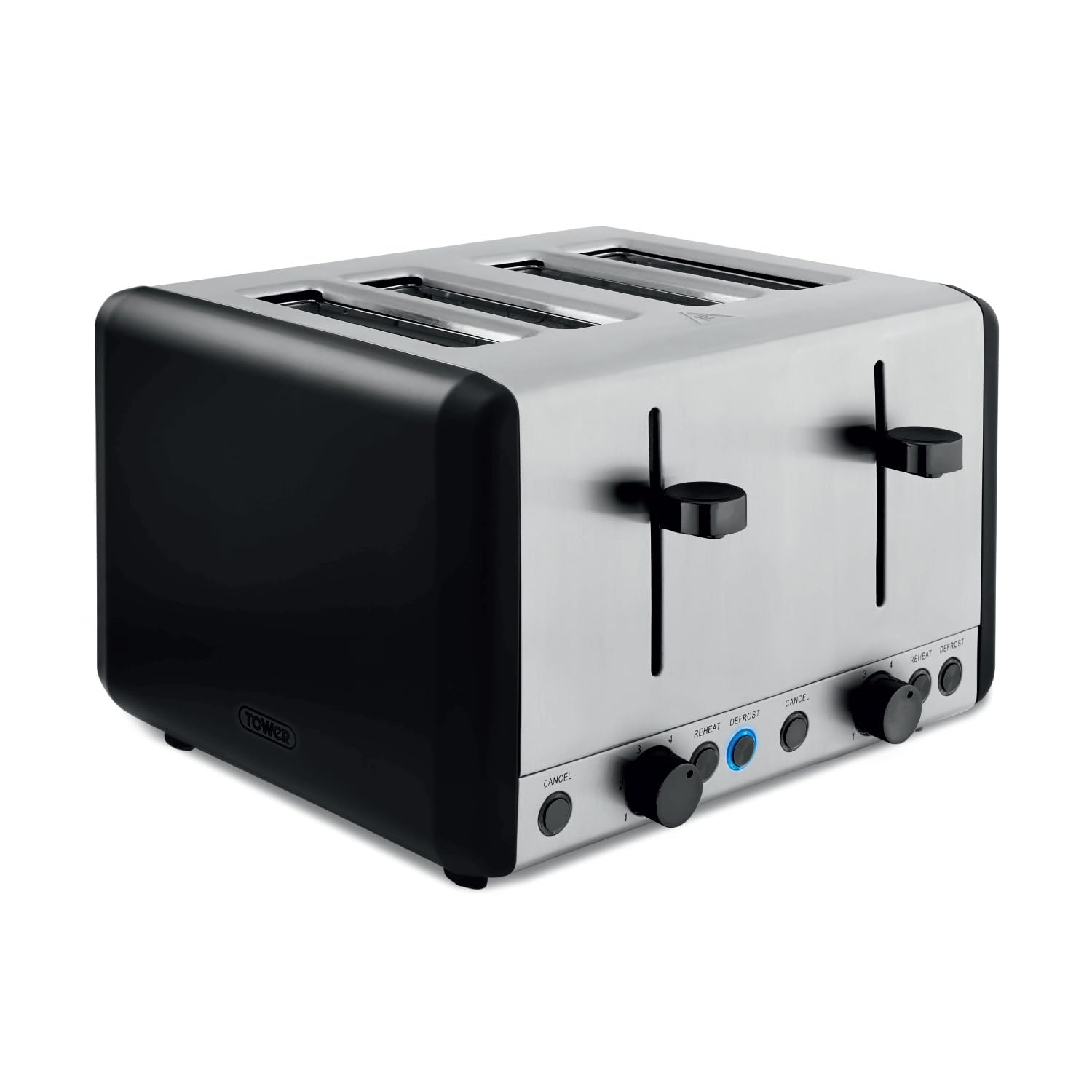 Tower T20086BLK Sera 4 Slice Toaster with 6 Browning Levels, Removable Crumb Tray, Defrost/Reheat/Cancel Functions, 1800W, Black