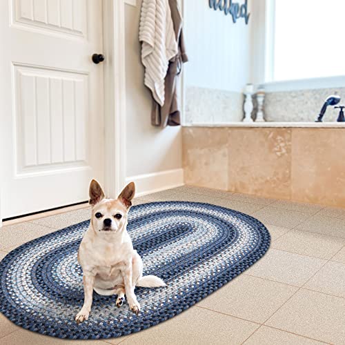 Juniper Blue Oval Braided Rugs 27"x45" - Indoor Outdoor Washable - Coastal Country Decor for Bathrooms and Entryways - Beautiful, Durable, Reversible, Pet Friendly and Soft