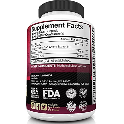 Nutrivein Tart Cherry Capsules 3000Mg - 90 Vegan Pills - Flavonoids - Uric Acid Cleanse, Juice Extract Supplement #TOP4