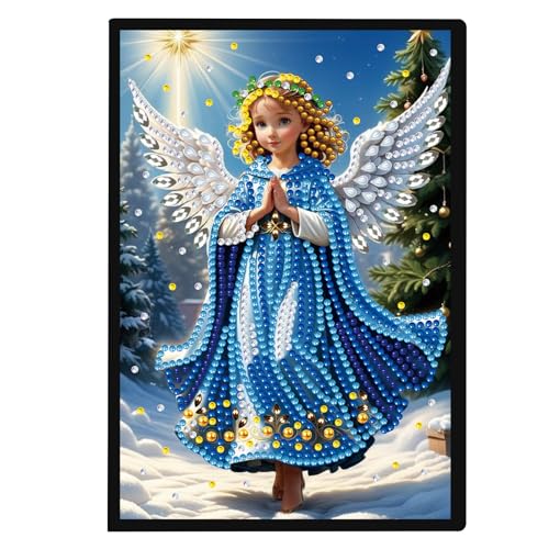 Image of 5D Diamond Painting Notebook Kits Christmas Journal Blue Angel Special Shaped Diamond Kits Leather Cover Dairy Plain Sketchbook Crystal Gems Art Christmas Dairy Book for Office Study Writing 21x14.5CM