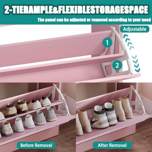 Image of Shoe Cabinet for Entryway with 3 Flip Drawers, Pink Tall Shoe Storage Cabinet with Coat Rack, Wood Narrow Slim Hidden Freestanding Shoe Rack Organizer, 2 in 1 Hall Tree for Living Room, Hallway