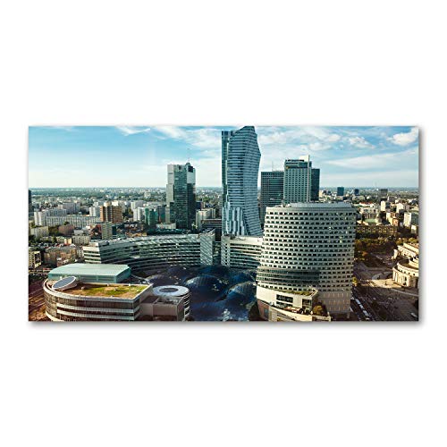 Fond de hotte en verre 100x50cm bleu motif Varsovie architecture pour cuisine moderne