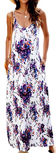 Women's V Neck Floral Print Spaghetti Strap Boho Long Maxi Summer Beach Dress Sundress with Pockets (Large, A-Purple Flower Print)