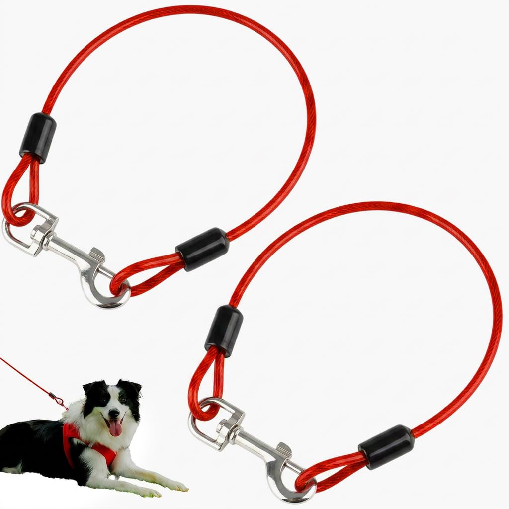 Anti Chew Dog Lead Extension 2Pcs 60cm Metal Dog Chain Leash Heavy Duty Chew Proof Lead Attachment with 360° Swivel Hooks Short Training Lead for Dog Collar Pet Tie Out (Red)