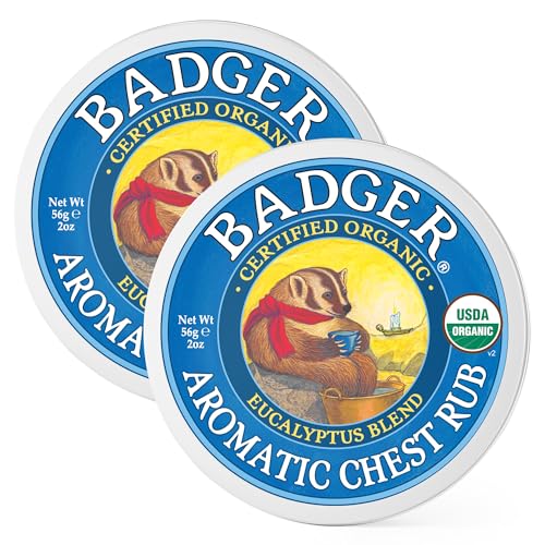 Badger Aromatic Chest Rub 100% Organic Vaporub w/Eucalyptus & Lavender Essential Oils to Clear & Soothe All-Natural Chest Congestion Relief for Adults & Kids 2 oz Tin 2-Pack