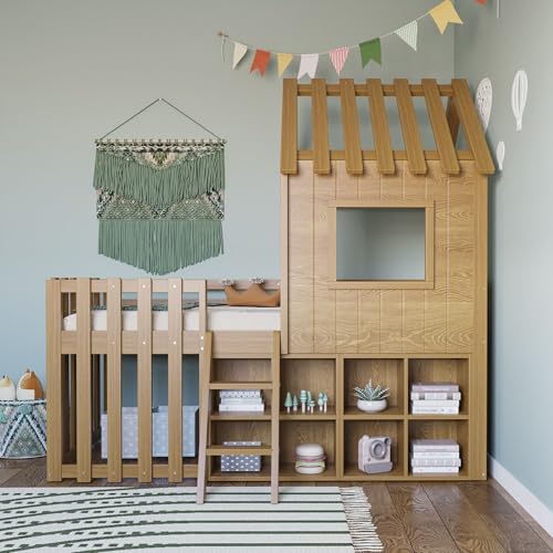 Kebnor Cama infantil de 90 x 200 cm, con techo y ventana, con espacio de almacenamiento abierto, con escalera, litera de madera maciza (sin colchón) (color madera)