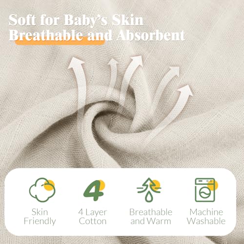 Image of Preboun 6 Pcs Muslin Hooded Baby Towels and Washcloths 32 inchx 32 inch Cotton Newborn Bath Towel Anti-Shrink Infant Baby Blankets with Hood 12 inchx 12 inch Washcloths for Girl Boy Toddler(Ivory,Green)