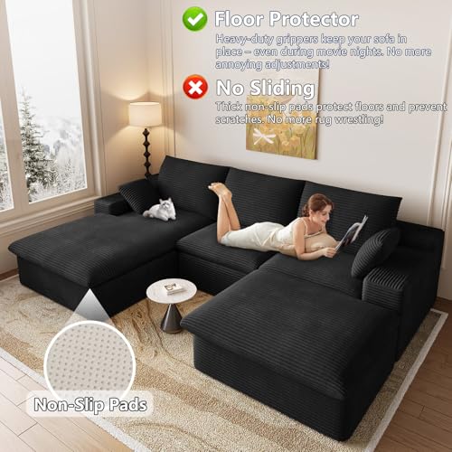 Image of 107 inch Cloud Couch Modular Sectional Sofa for Living Room, U-Shape Boneless Couch with Deep Seat, Modern Corduroy 3-Seater with Ottoman, No Assembly Required (Jet Black,Left-Facing Chaise)