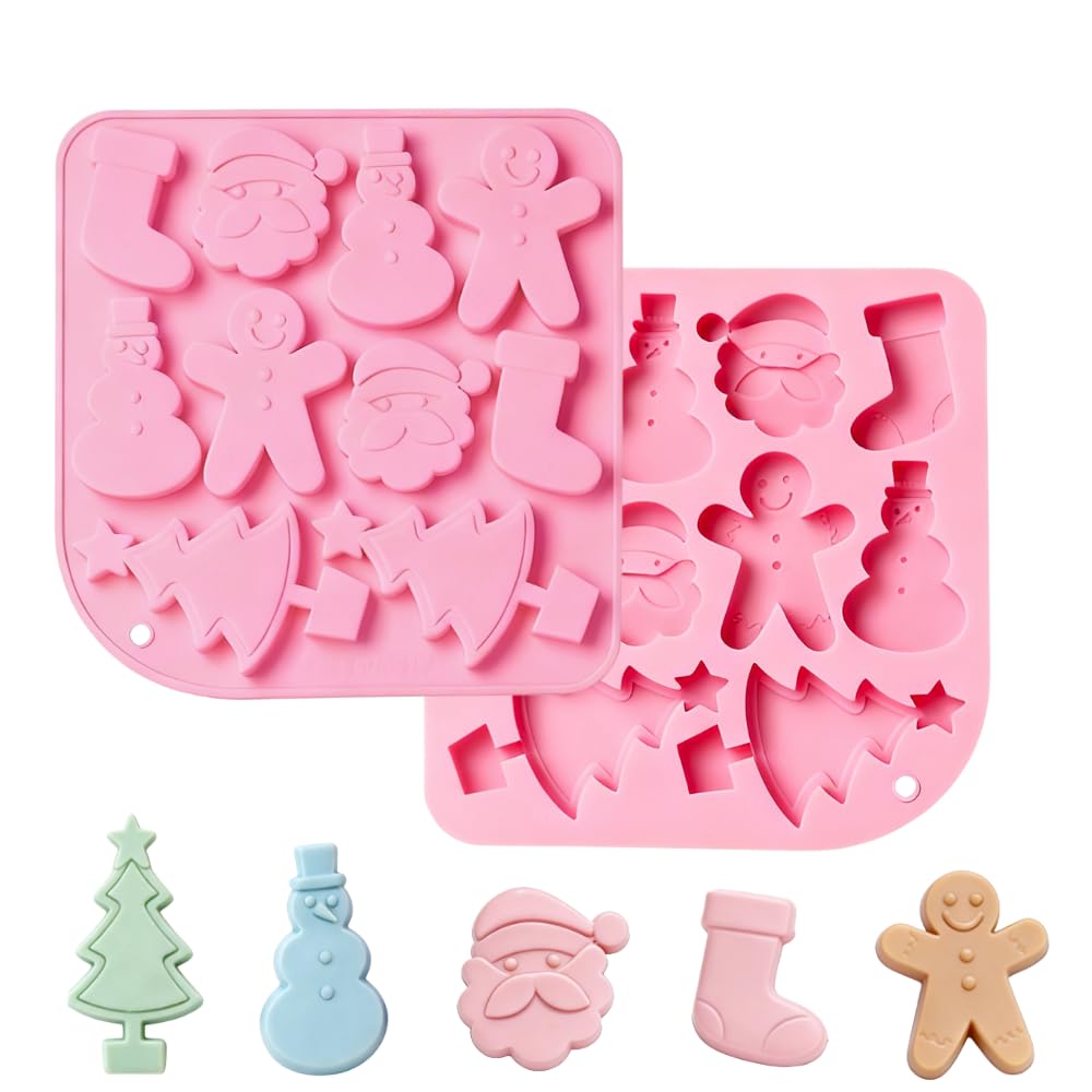 Christmas Silicone Chocolate Molds - 3D Chocolate Candy Molds in The Shape of Gingerbread Man, Christmas Tree, Santa Claus, Stocking and Snowman for Christmas and Holiday Baking