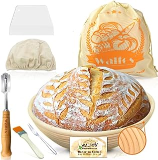 Banneton Proofing Basket Set - Walfos Round Sourdough Bread Basket, 100% Natural Rattan - 25cm Bread Proofing Basket, Bread Lame, Dough Scraper, Cloth Liner, Storage Bag, Cleaning Brush & Bread Fork